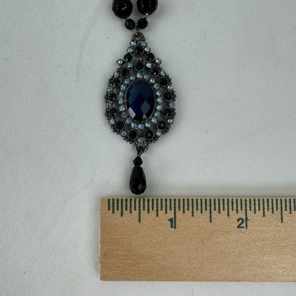 Vintage NR Pendant Necklace Dangle Earrings Set Gunmetal Midnight Blue Metallic - Picture 14 of 16